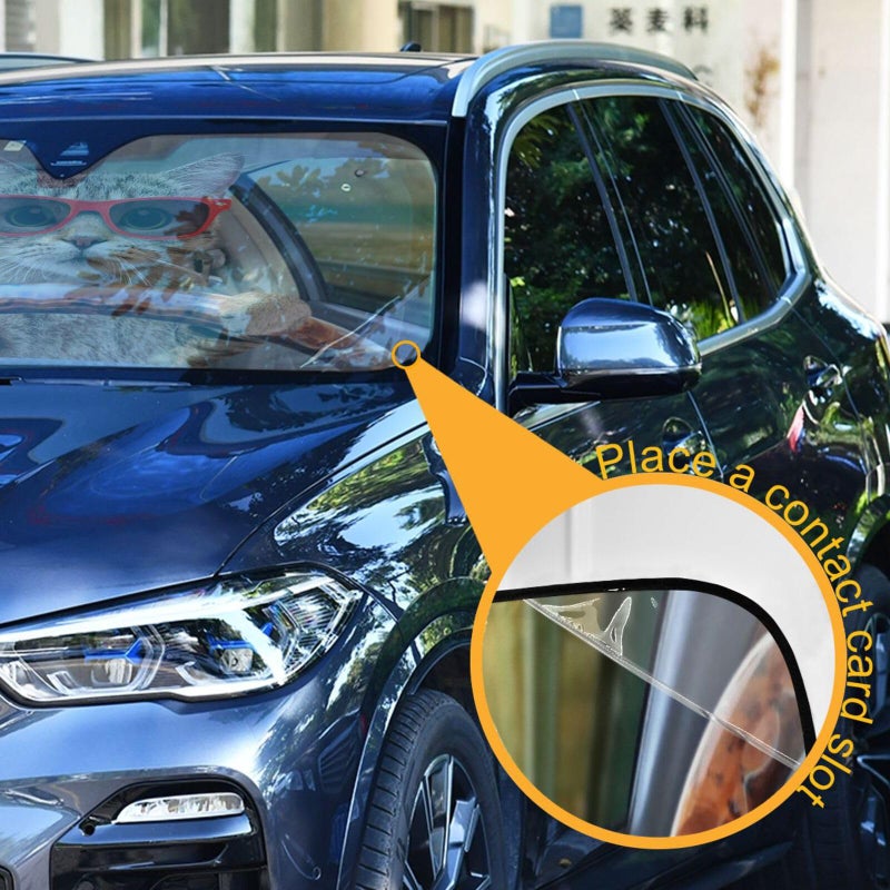 Oarencol Fun Cute Cat Driving Car Windshield Sun Shade Foldable UV Ray Sun Visor Protector Sunshade to Keep Your Vehicle Cool (55" x 27.6") - Image 2